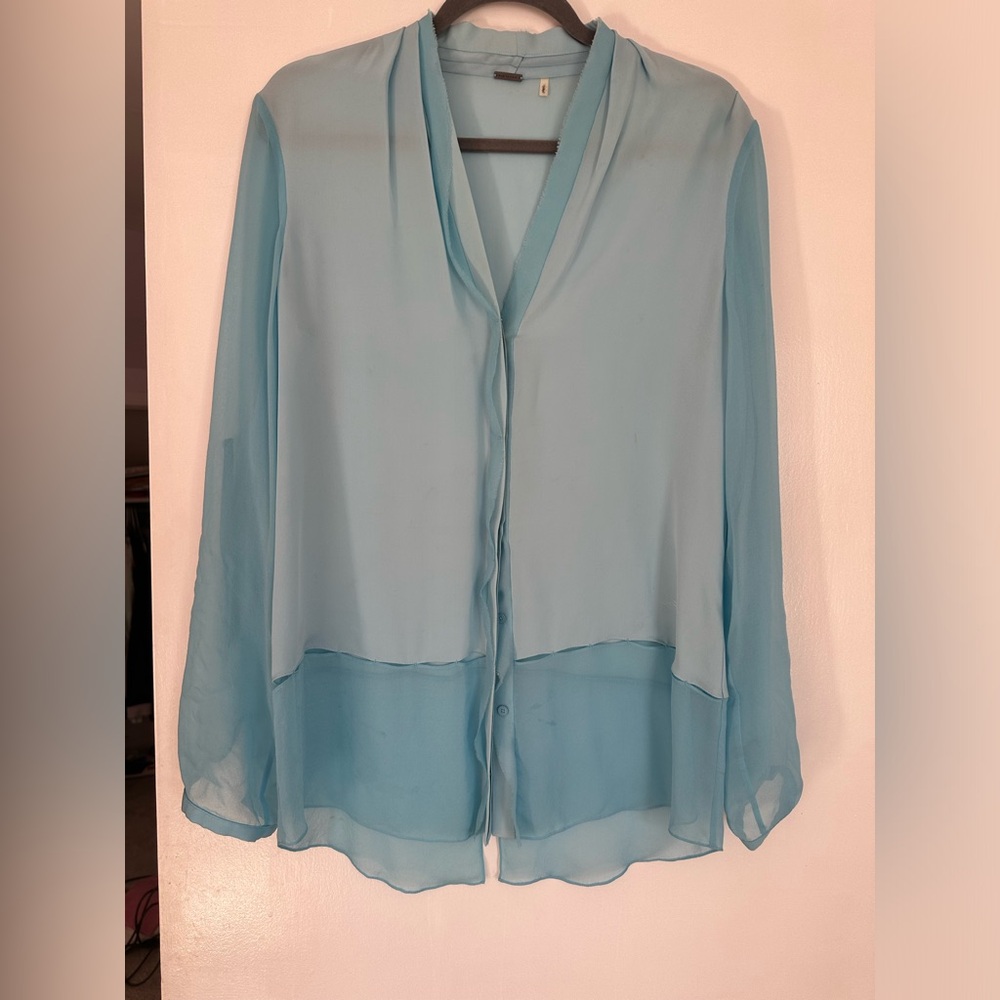 Light blue silk Elie Tahari button down shirt